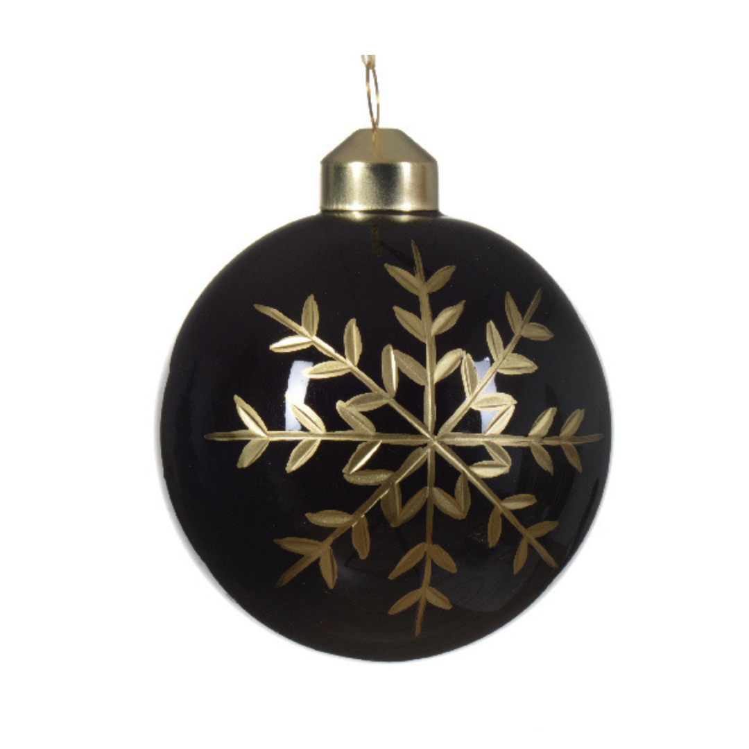 Glossy black and gold snowflake glass baubles (4 Styles)