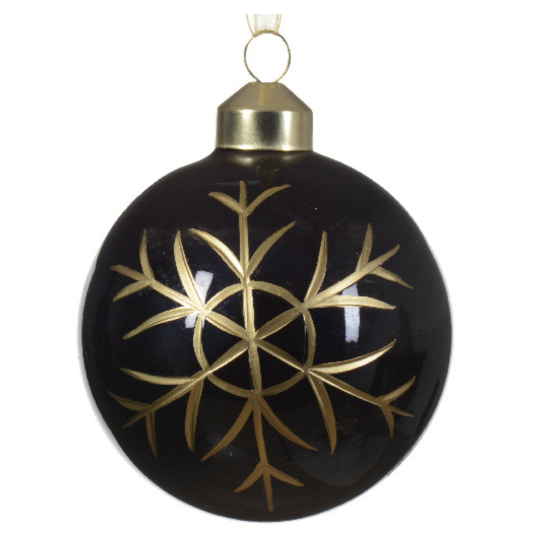 Glossy black and gold snowflake glass baubles (4 Styles)