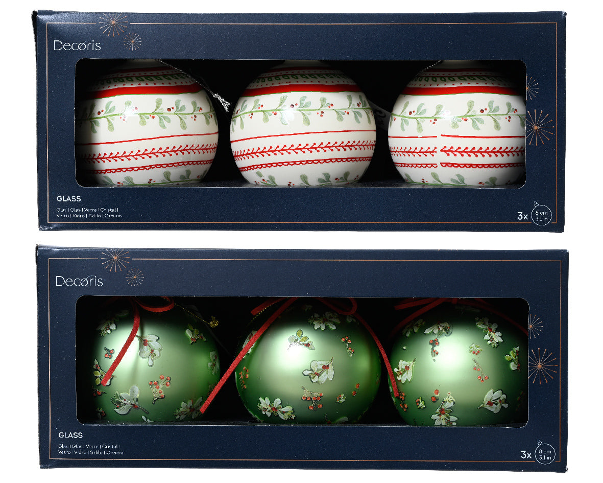 Kitsch holly printed glass bauble packs (2 Styles)