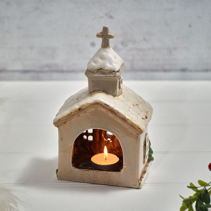 Holly cottage stoneware church tealight holder