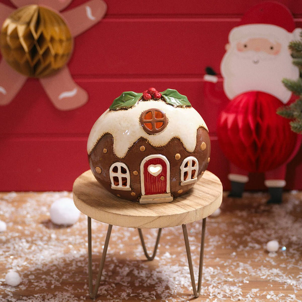 Stoneware Christmas pudding tealight house