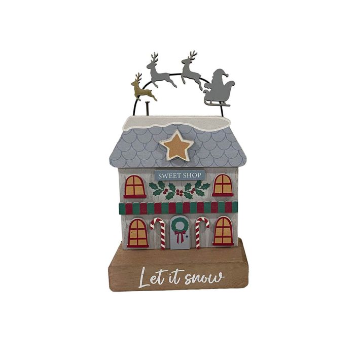 Christmas market let is snow wooden shop