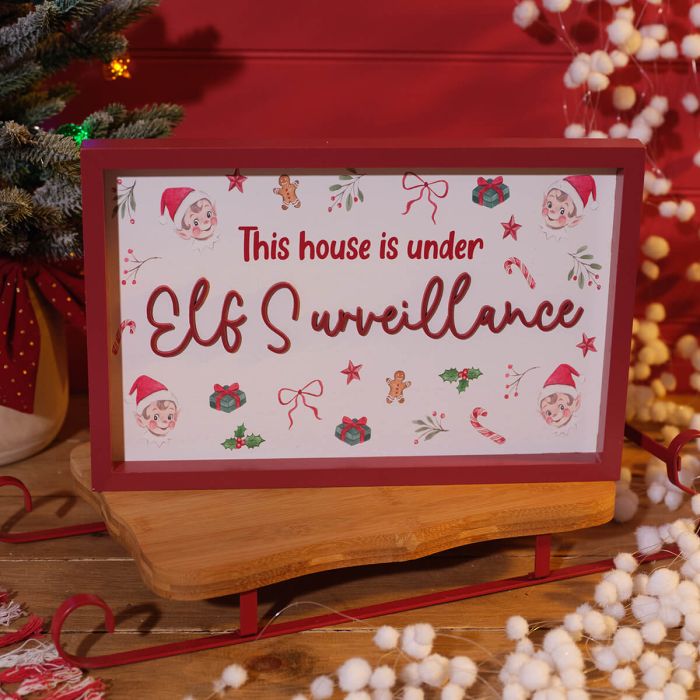 Elf crew under surveillance framed wood wall plaque