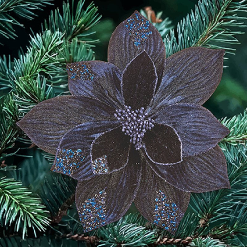 29cm dark blue velvet clip on poinsettia with gold sequins