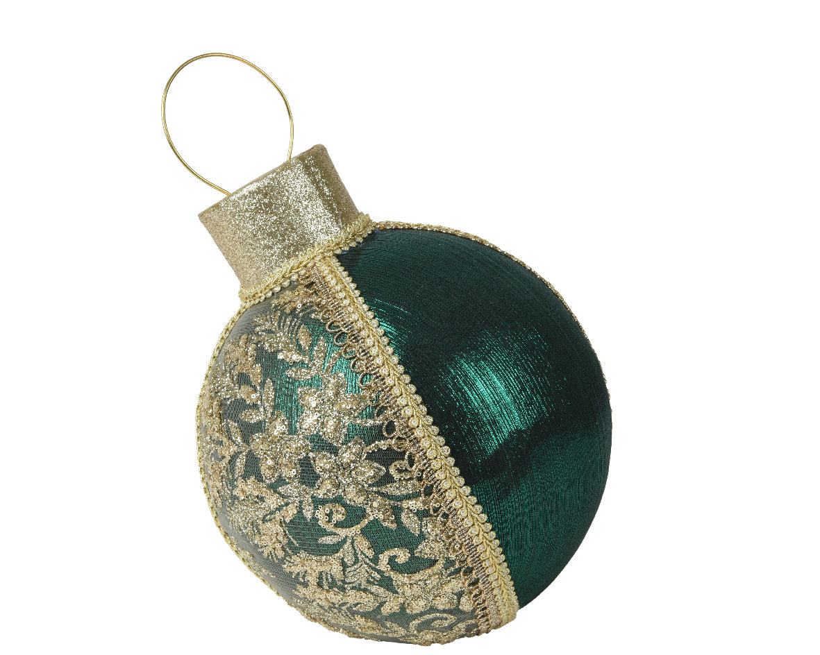 Green resting bauble with embroidered gold detailing (28cmH)
