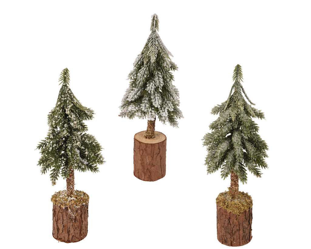 Mini snowy tree on wooden block (21cmH)