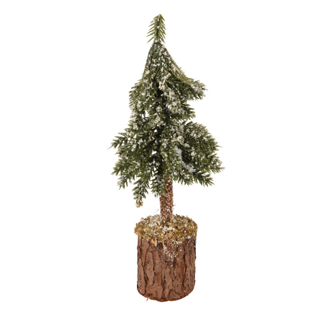Mini snowy tree on wooden block (21cmH)