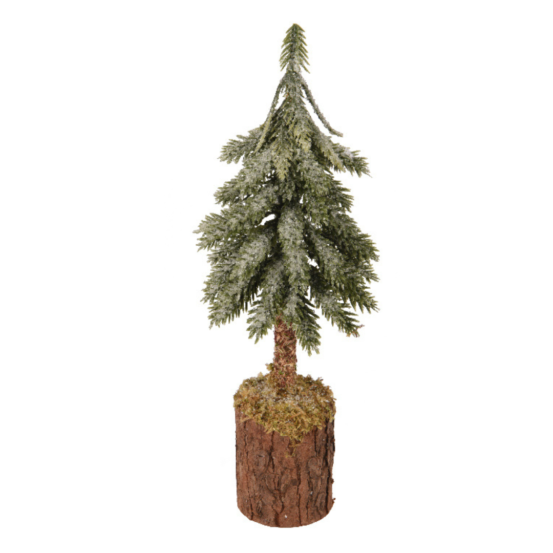 Mini snowy tree on wooden block (21cmH)