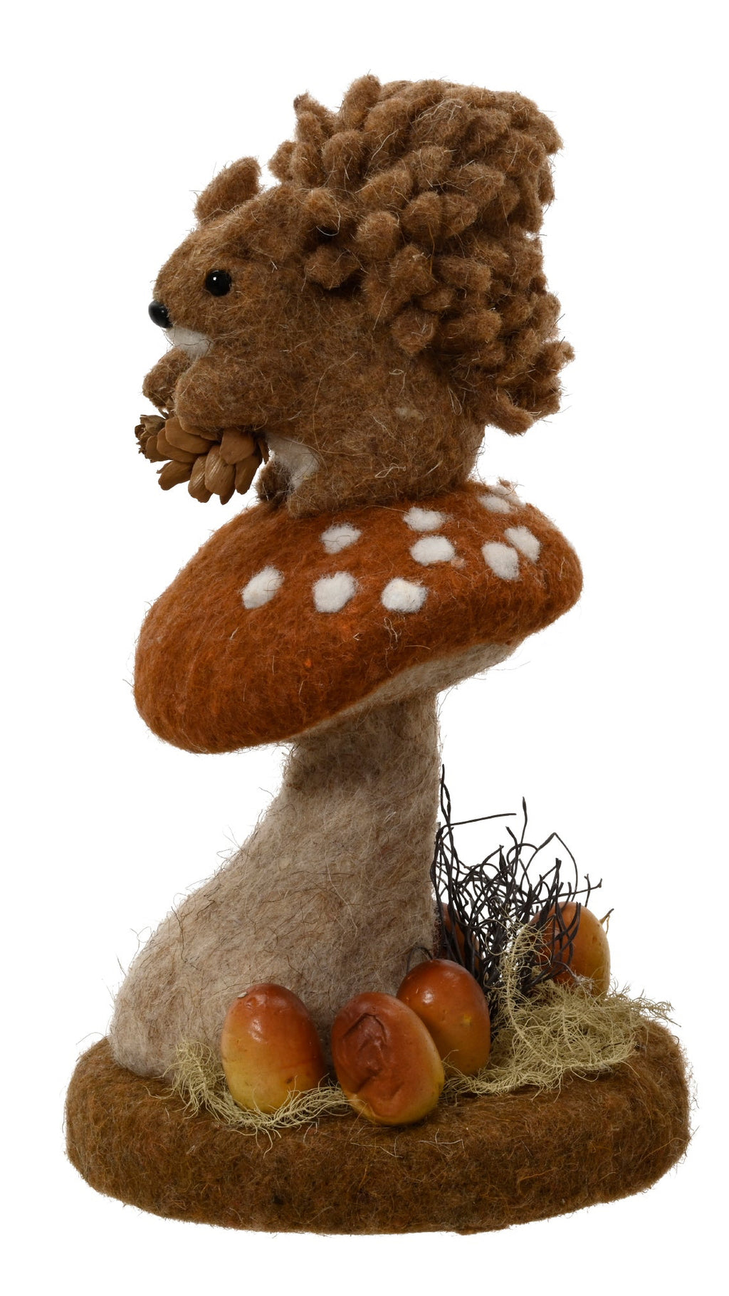 Woollen woodland animals on mushroom ornament