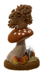 Woollen woodland animals on mushroom ornament