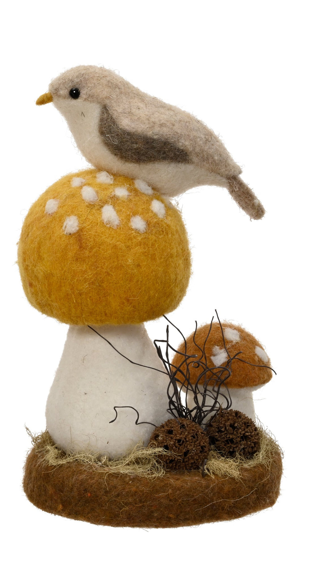 Woollen woodland animals on mushroom ornament