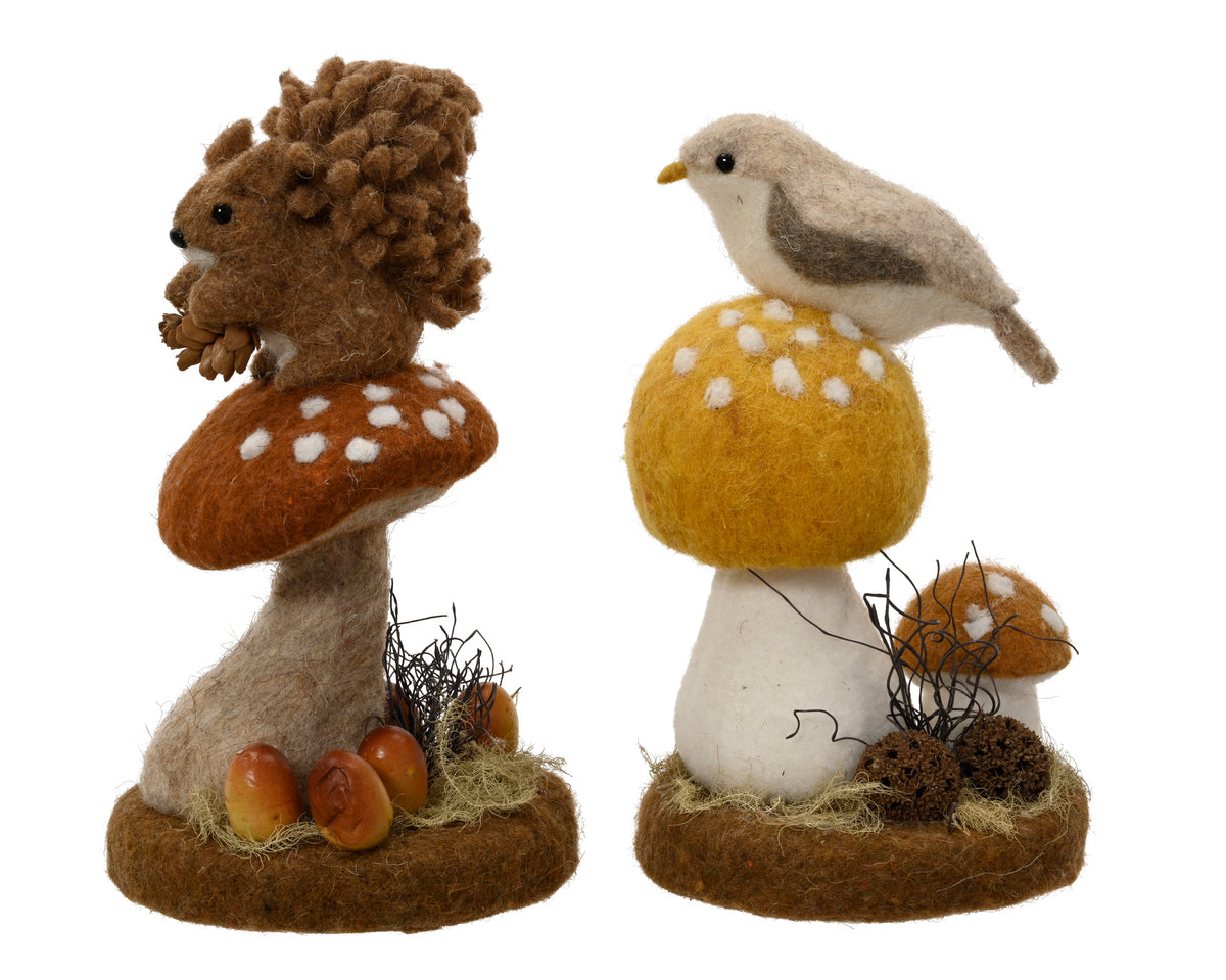 Woollen woodland animals on mushroom ornament