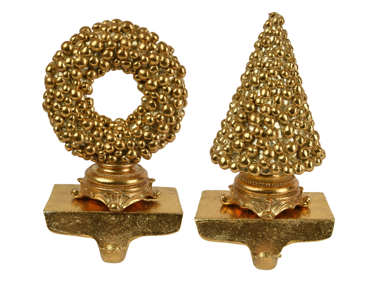 Gold beaded stocking hook with wreath/tree