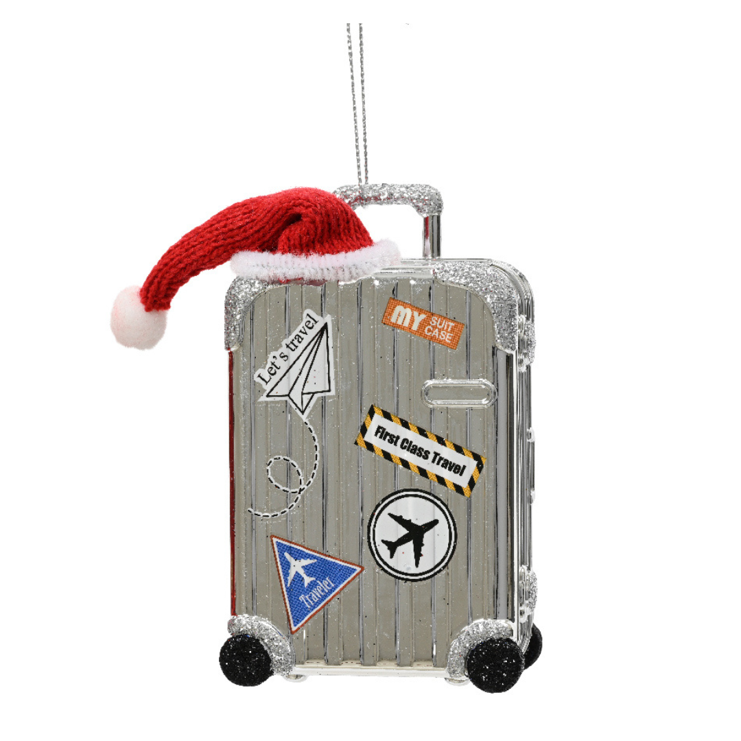 Suitcase with Santa Hat Hanging Dec