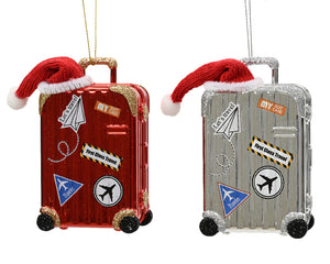 Suitcase with Santa Hat Hanging Dec