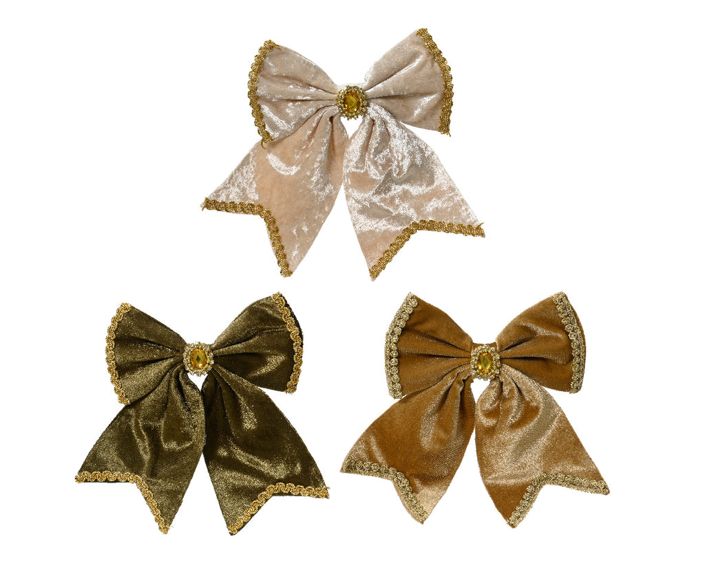 Plush velvet bow with gem centre and gold lace