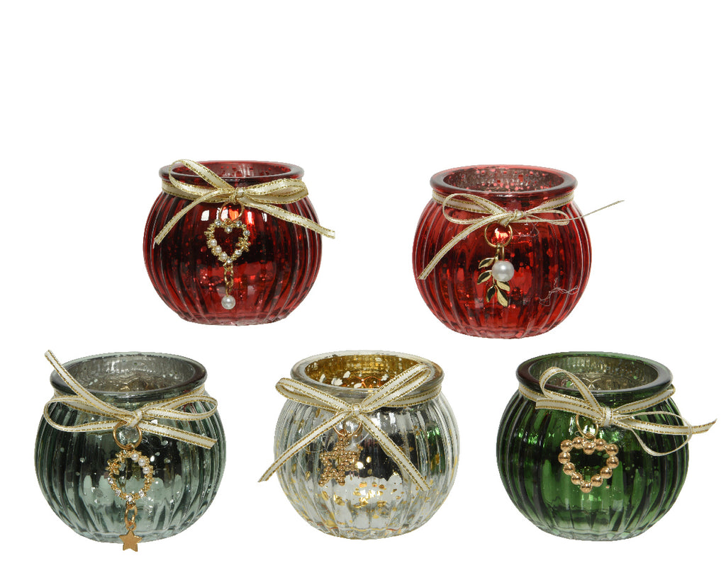 Glass antique style tealight holder with charm detail (5 Styles)