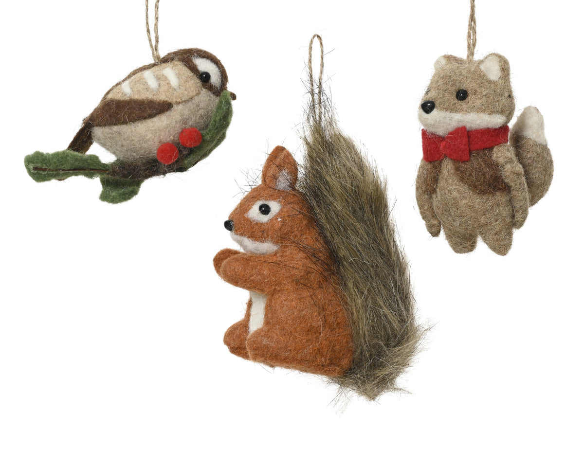 Woollen woodland animals hanging decs
