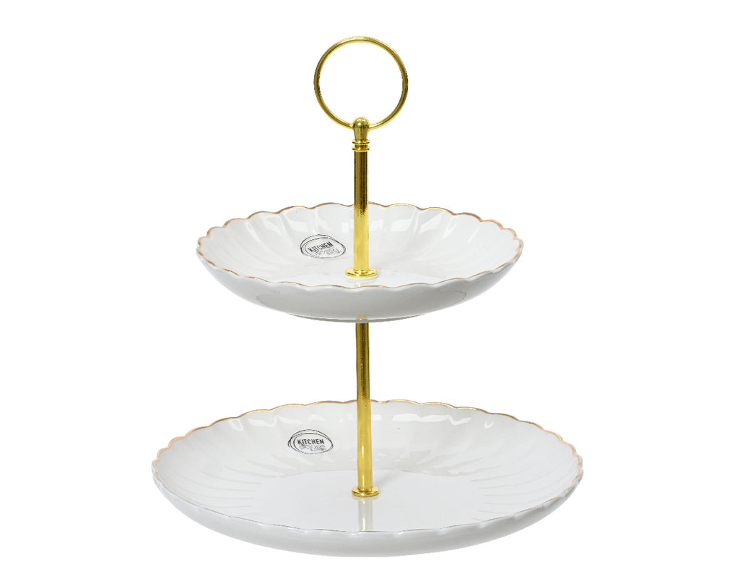 Porcelain tiered corolla design cake stand with gold edging