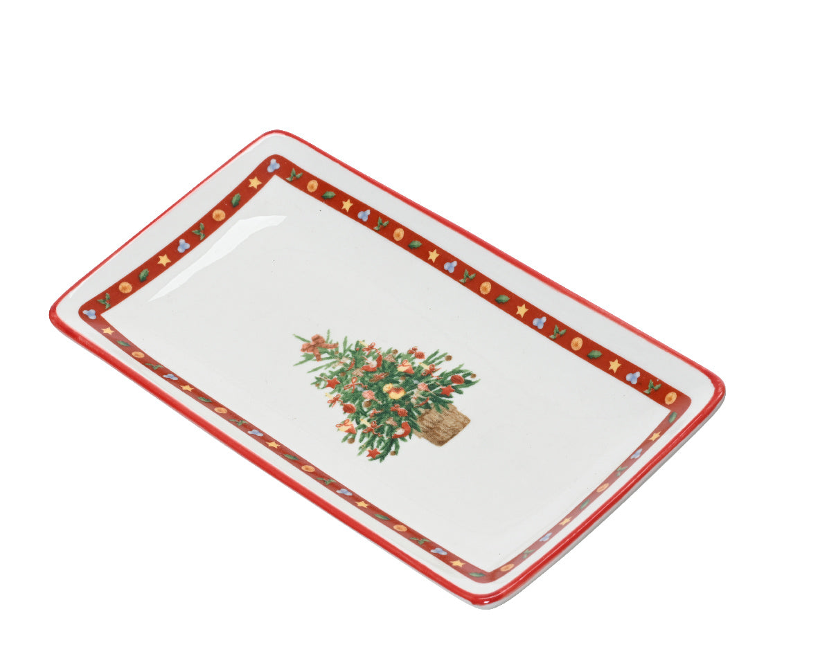 Porcelain rectangular plate with nostalgic Christmas tree design