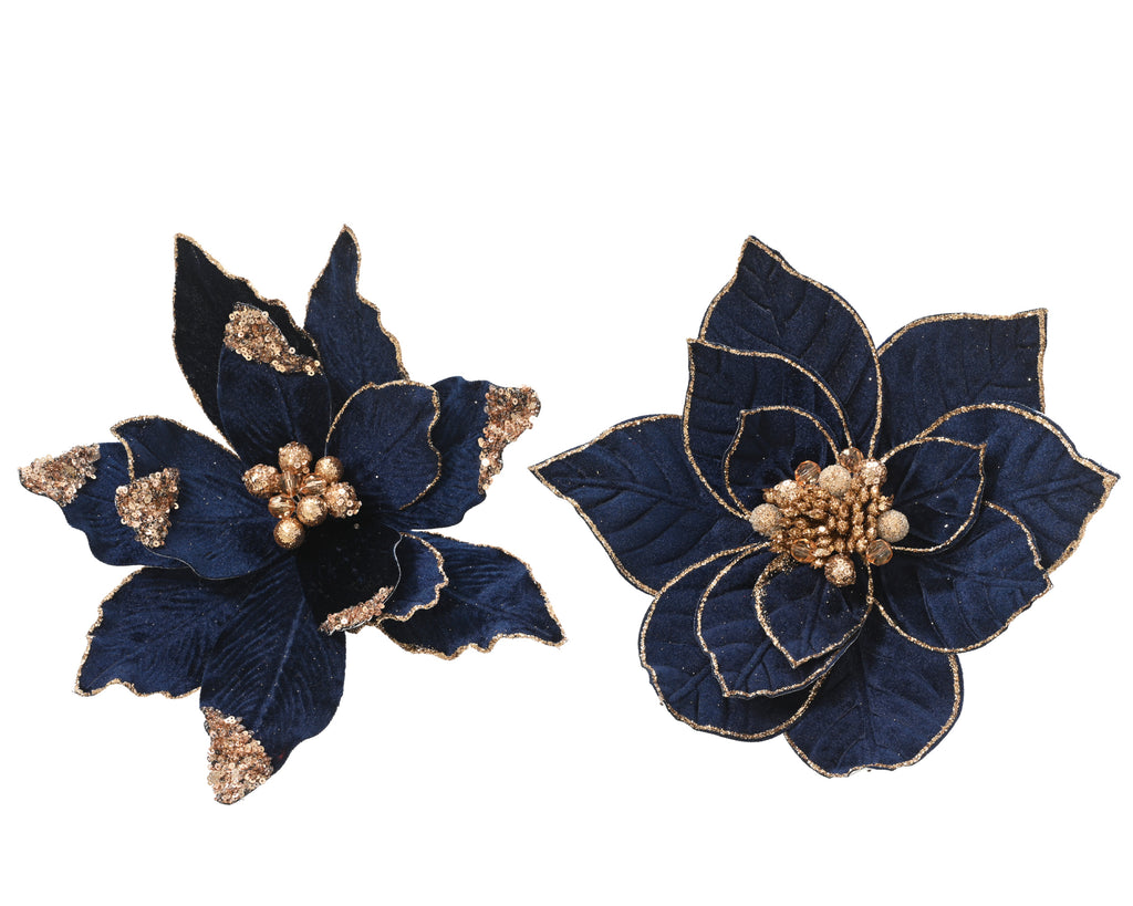 Blue velvet & sequin poinsettia flower clip