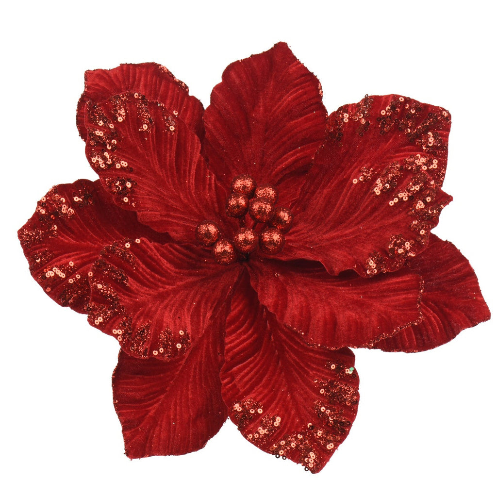 Velvet glitter & sequin poinsettia clip on