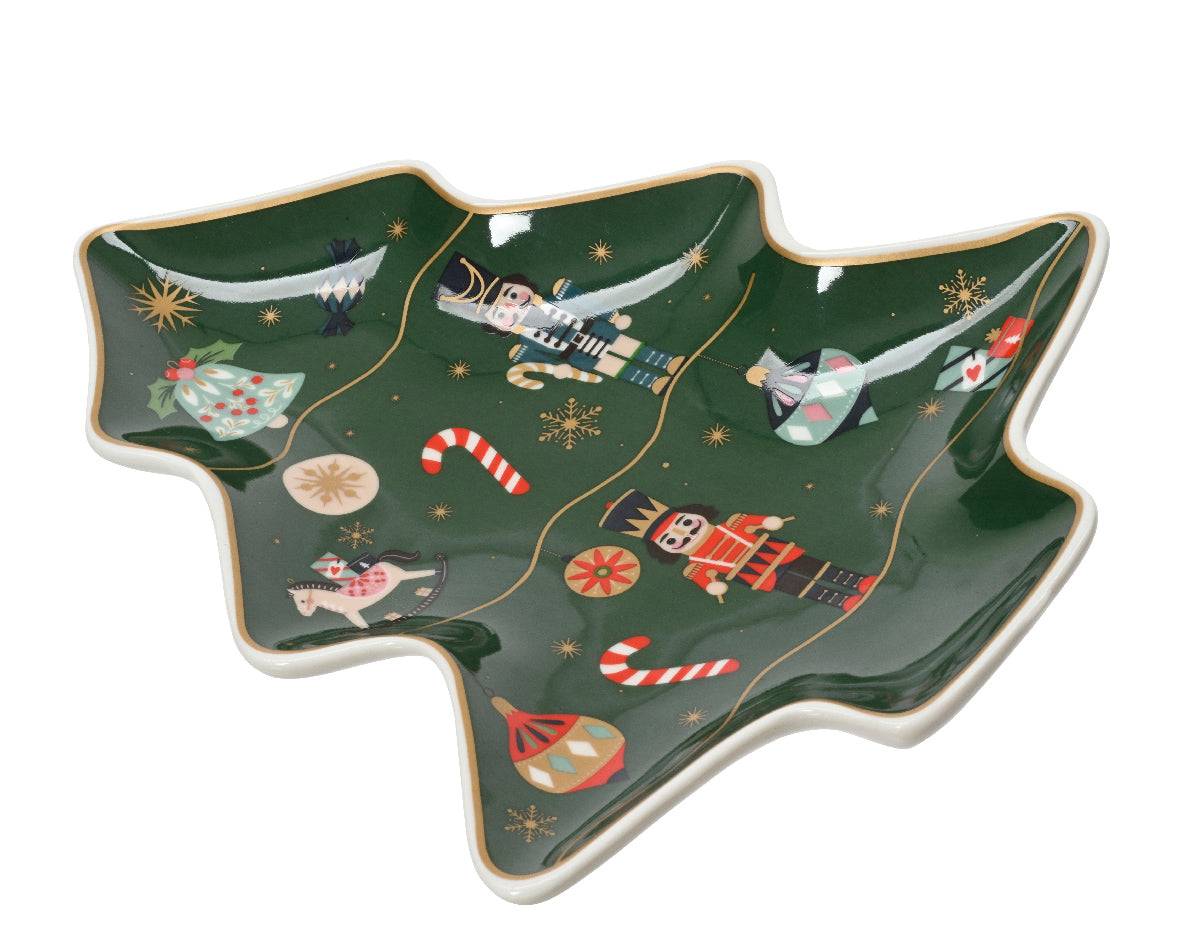 Green Christmas tree shaped plate with nutcracker print