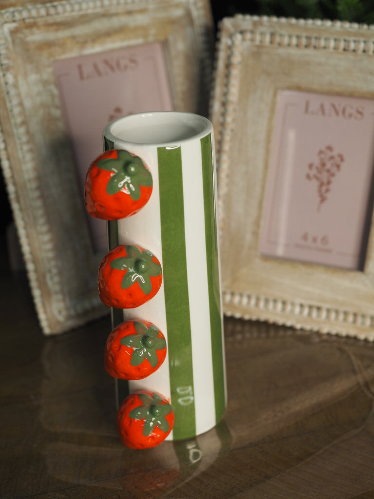 Striped glazed vase with strawberry detail