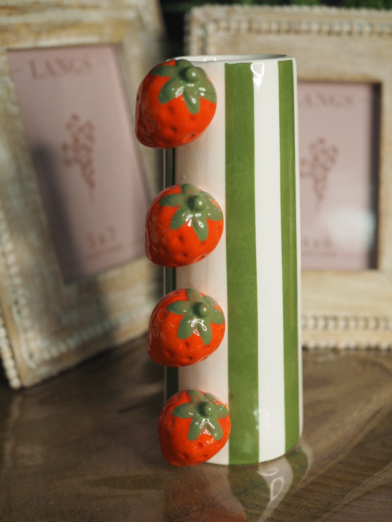 Striped glazed vase with strawberry detail
