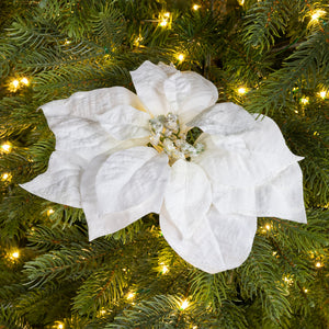 White poinsettia flower clip with glitter finish