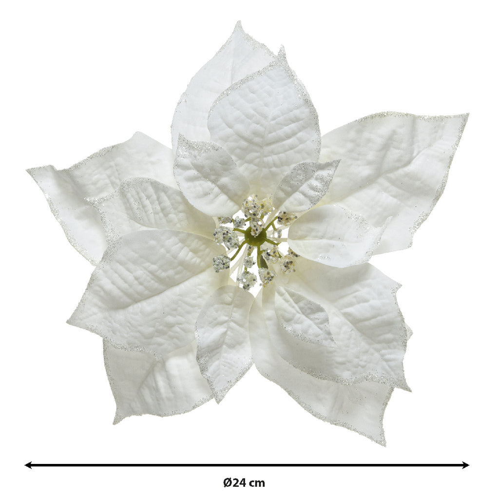 White poinsettia flower clip with glitter finish