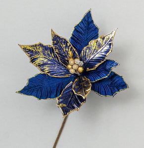 Velvet blue poinsettia stem with gold detail