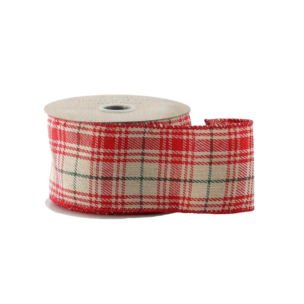 Red & cream check ribbon  - wired edge