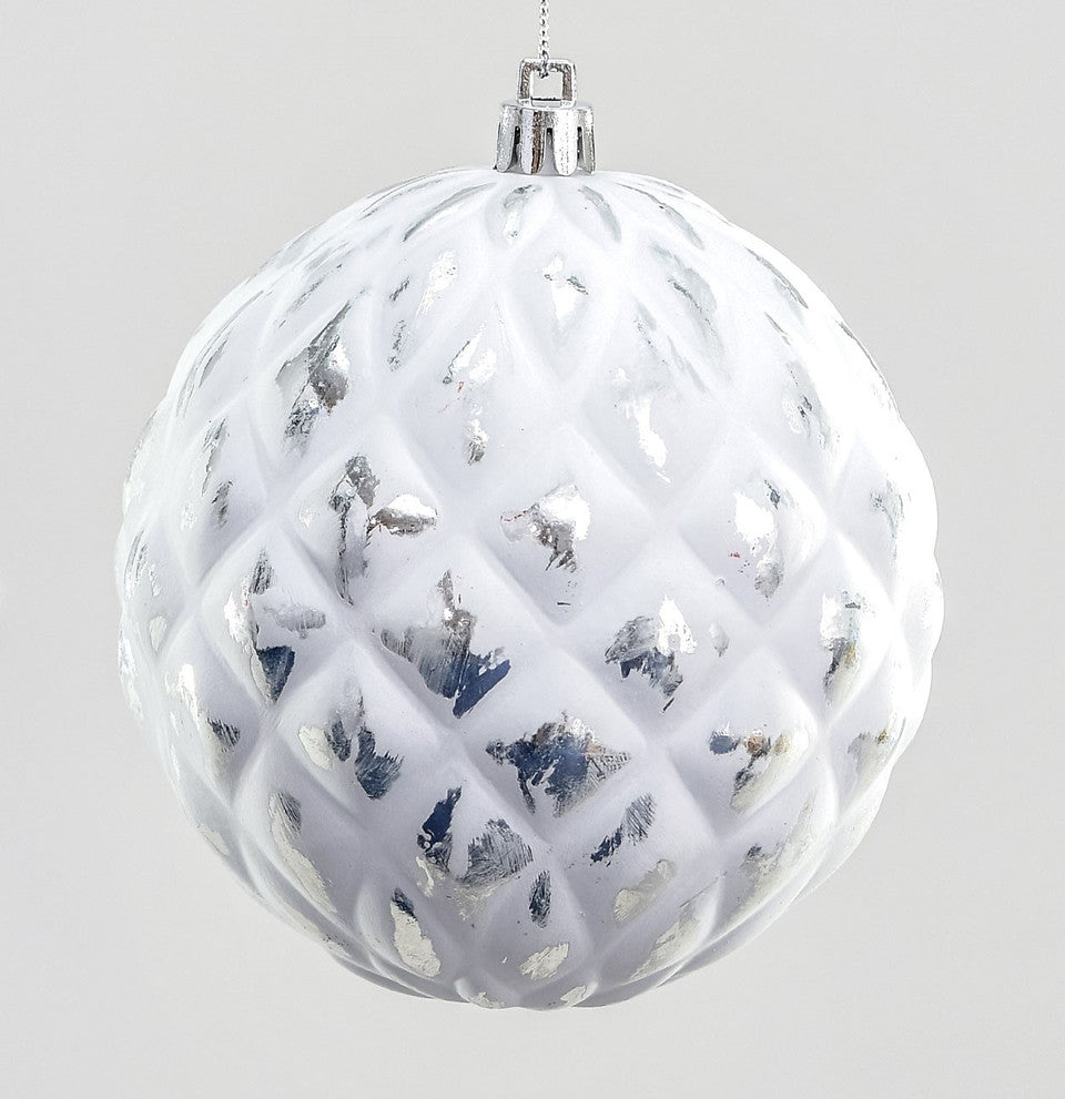 10cm textured white and silver bauble