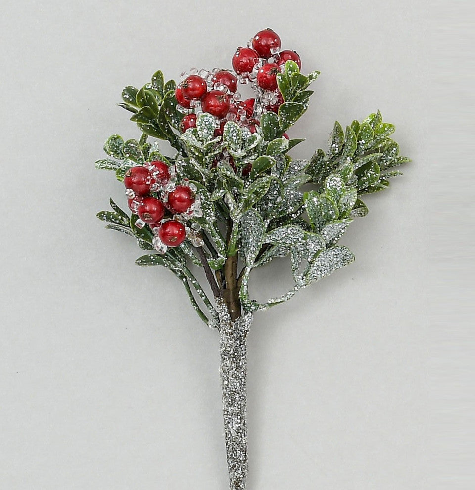 Iced red berry boxwood pick