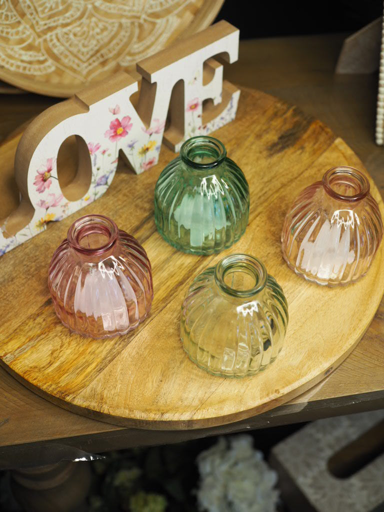 Coloured glass ribbed bud vase