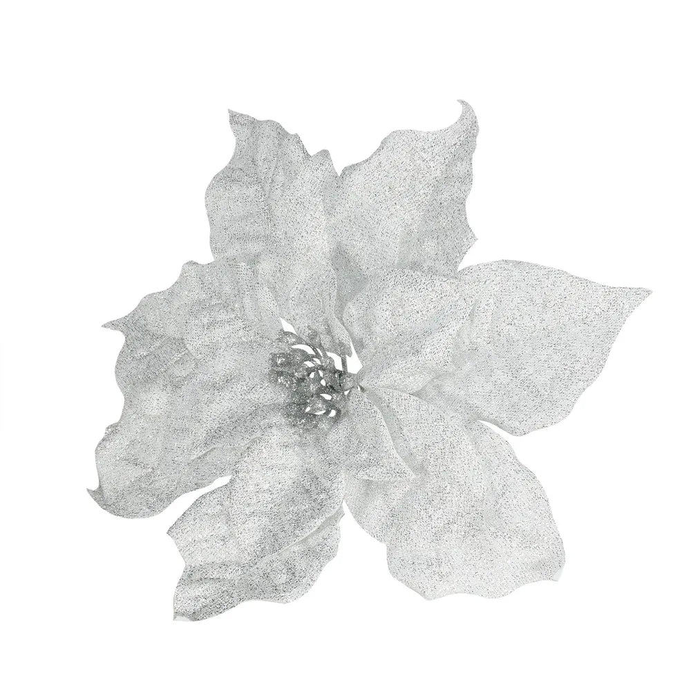 Frosted silver poinsettia pick