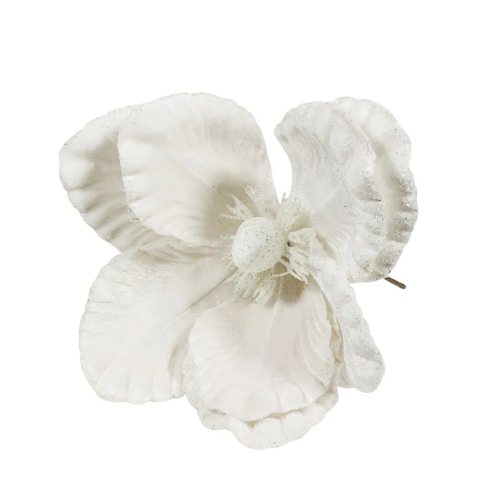White velvet magnolia clip with glitter edge