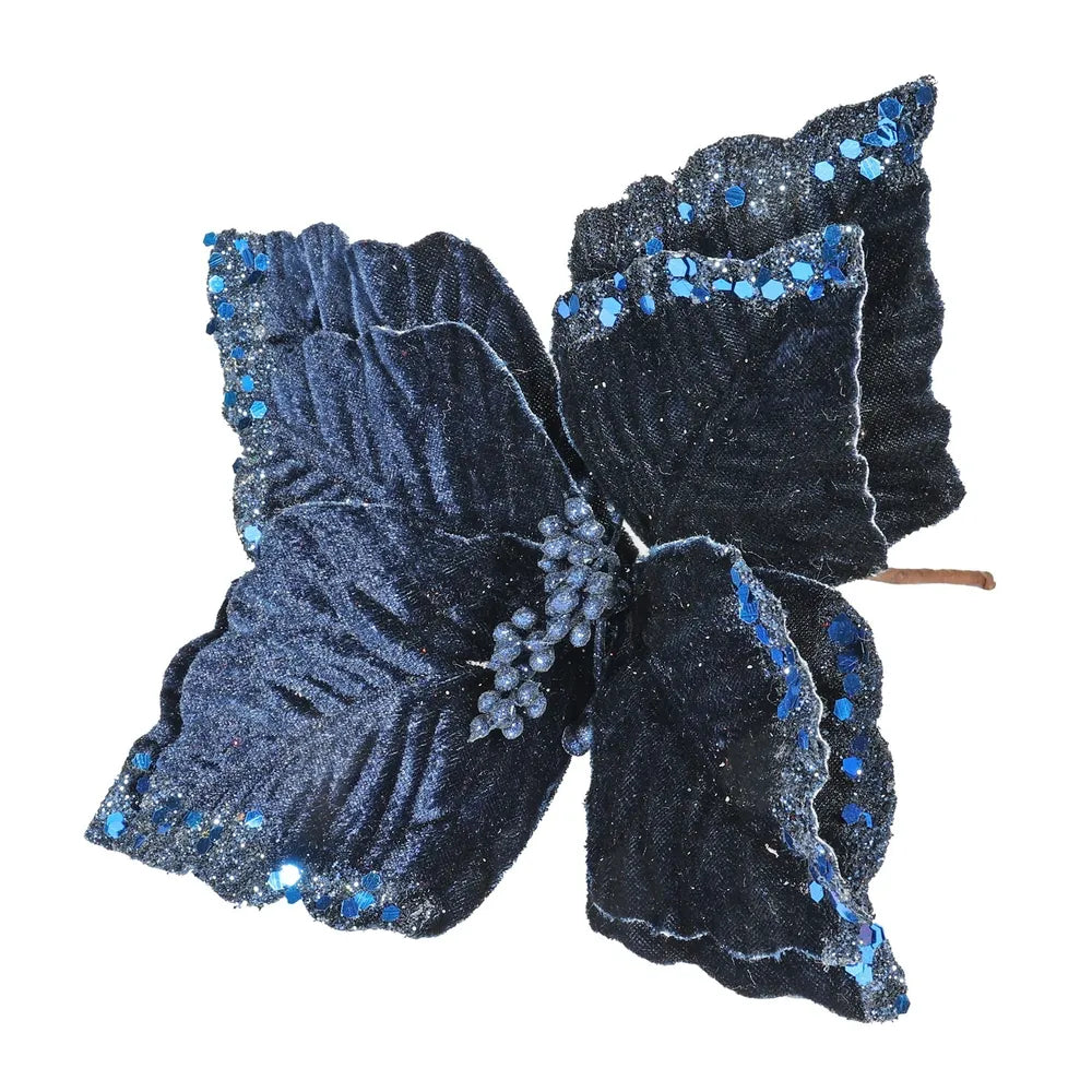 Navy velvet poinsettia with glitter edge