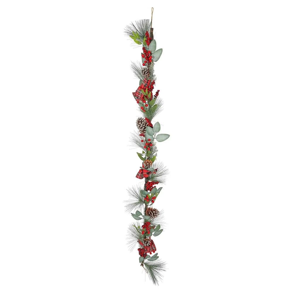 Luxury rattan garland with tartan bows & red berries (180cm)