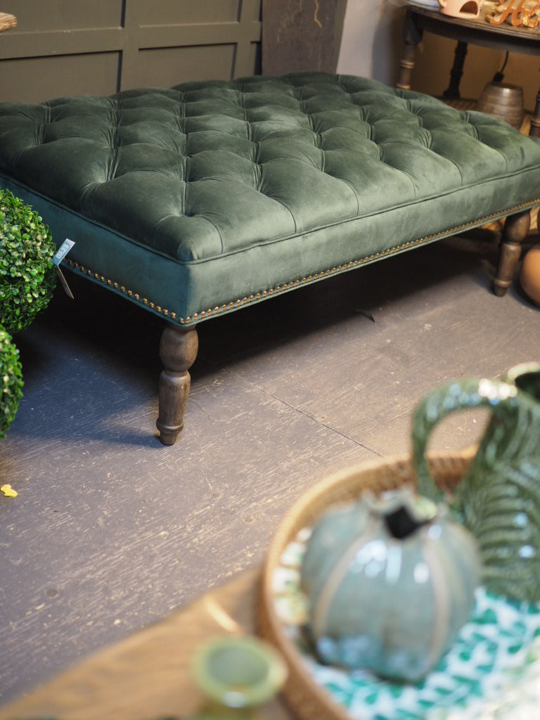 Hunter green velvet button pressed footstool
