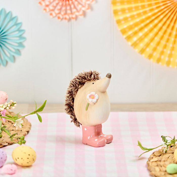 Clay hedgehog with pink spot welly boots ornament