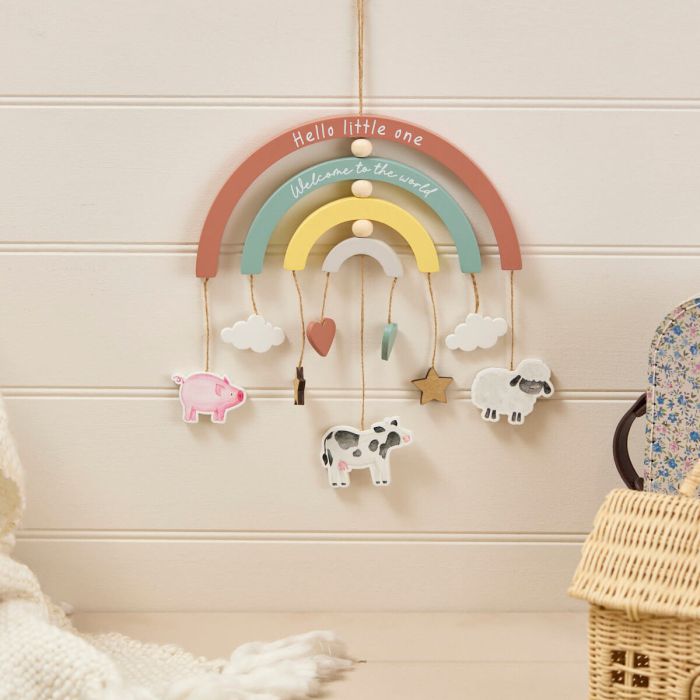 Mini farm welcome to the world wooden rainbow mobile