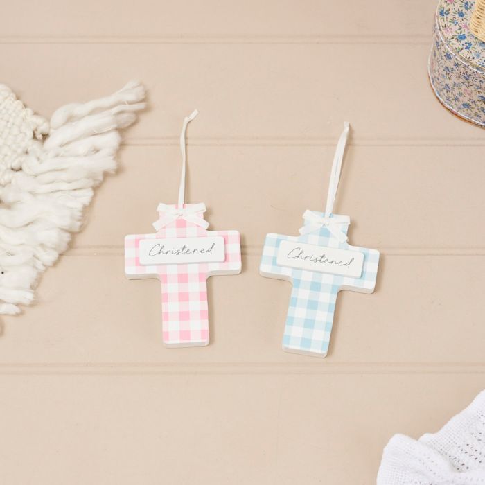 Christening hanging wooden gingham cross