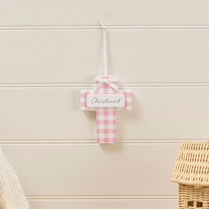 Christening hanging wooden gingham cross