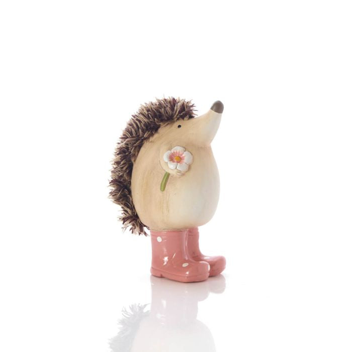 Clay hedgehog with pink spot welly boots ornament