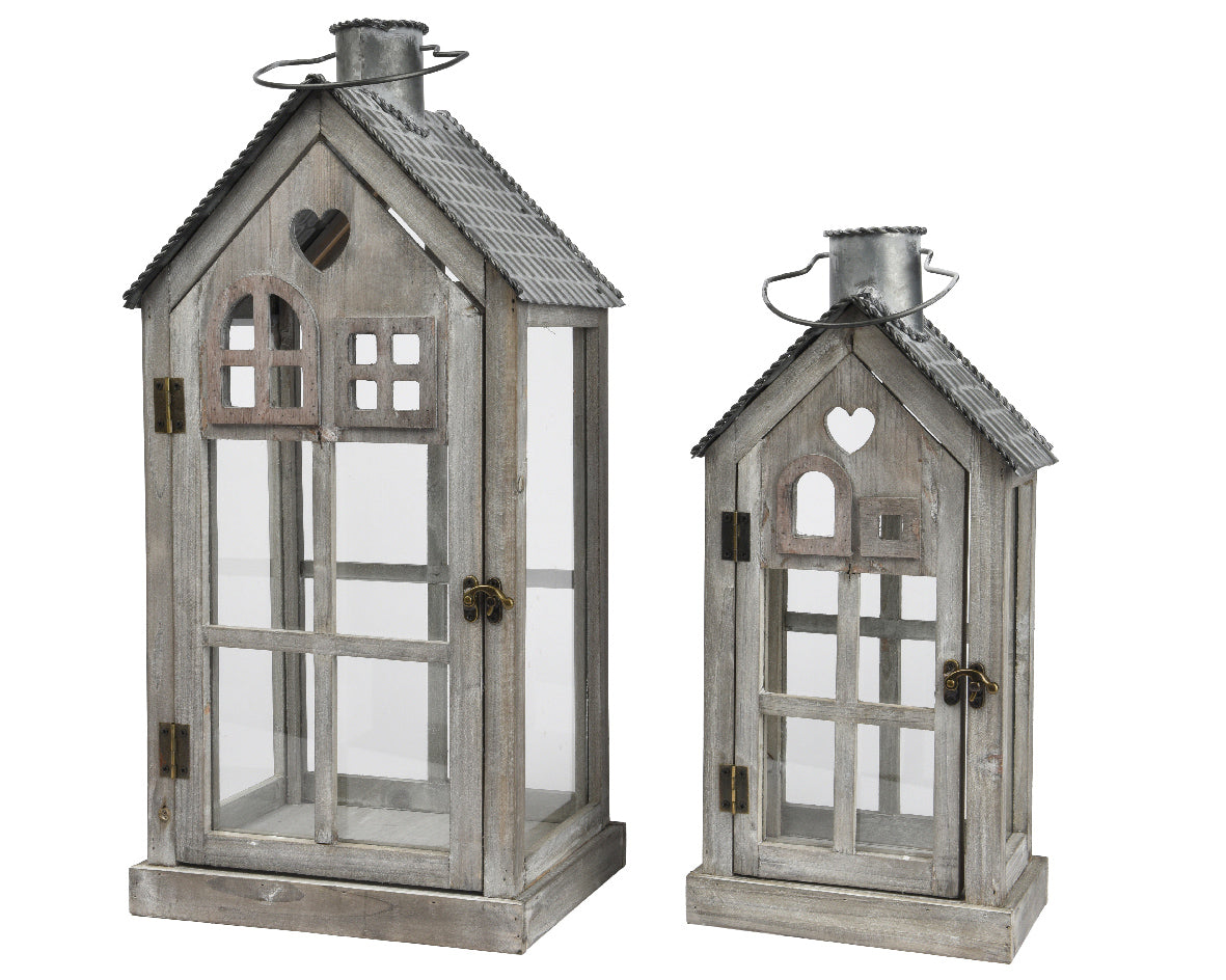 House shaped firwood zinc lantern