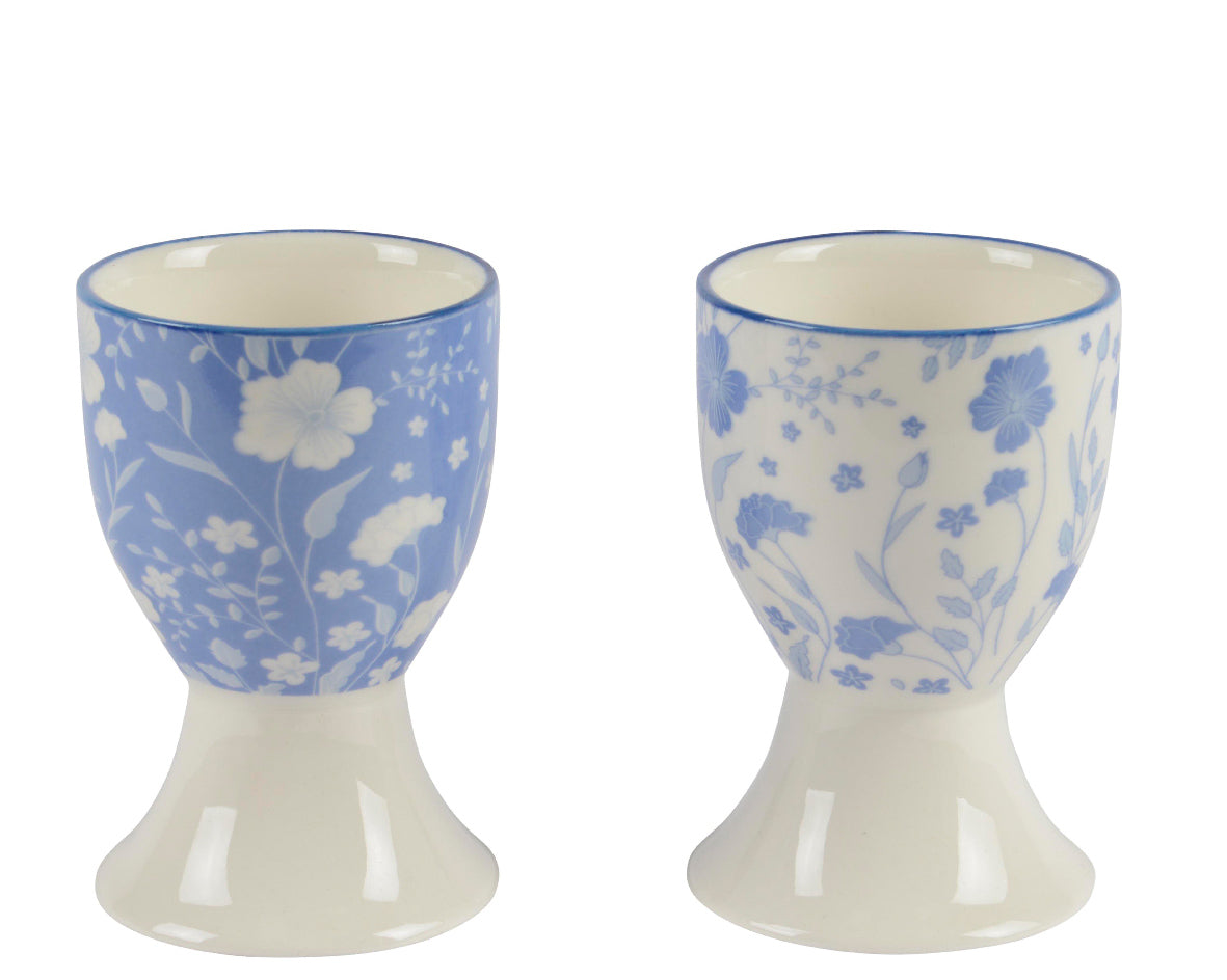 Blue & white floral print egg cups - Set of two