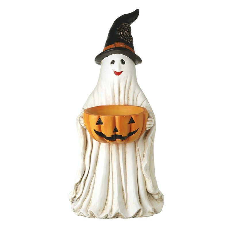Ghost in witch hat with pumpkin bowl
