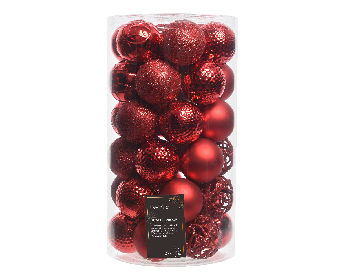 Shatterproof red matt shiny & glitter bauble mix